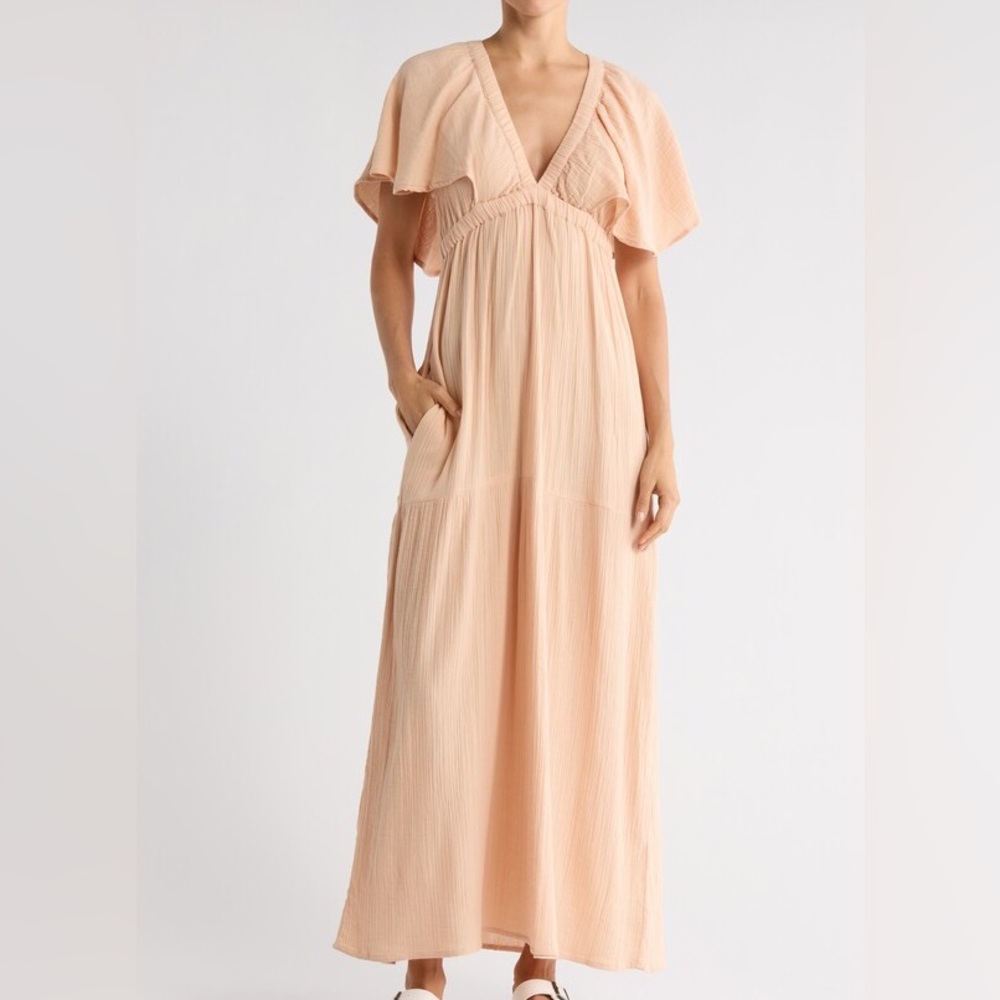 Amuse Society Peach Orange gauze Maxi Dress long airy short sleeve XS NWT
